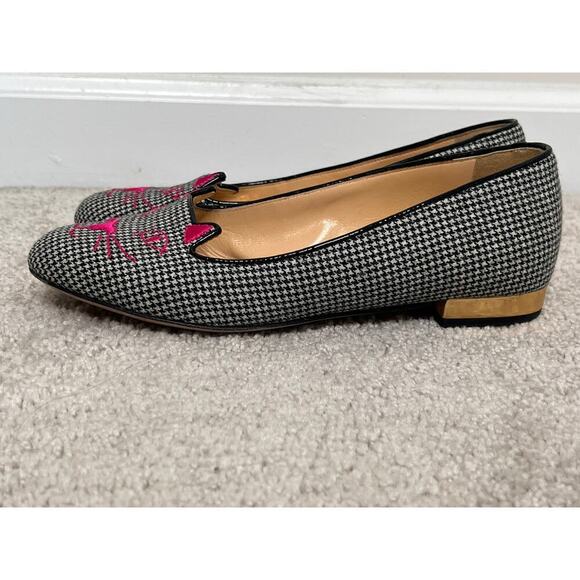 Charlotte Olympia Houndstooth Slip On Kitty Loafer Flats Black/White Womens 36.5 - Picture 5 of 11